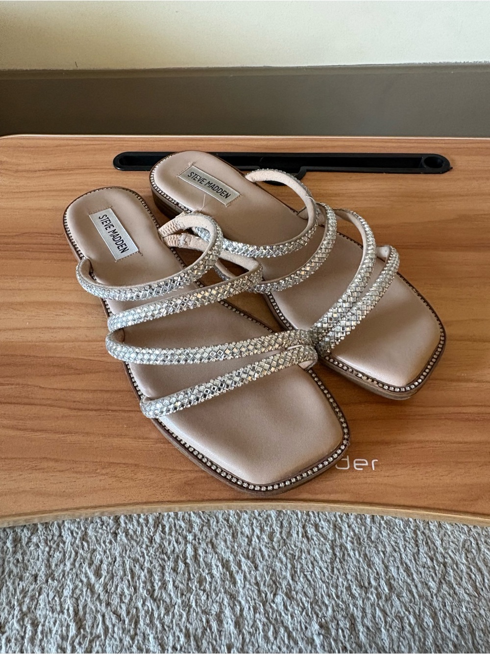 Steve Madden Rhinestone Strappy Slide Sandals in Champagne